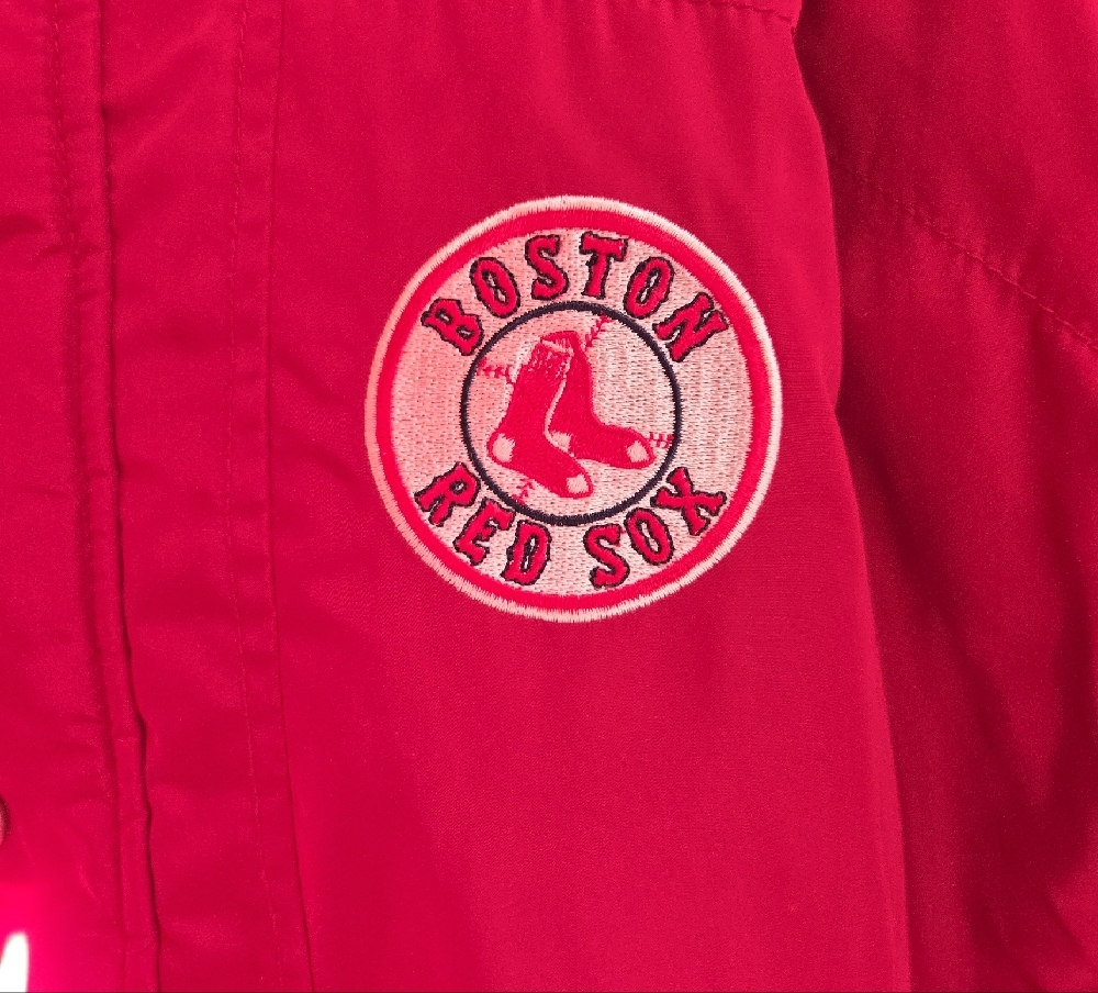 Men's Red Puffer Jacket with Chest Patch - Picture 2 of 8